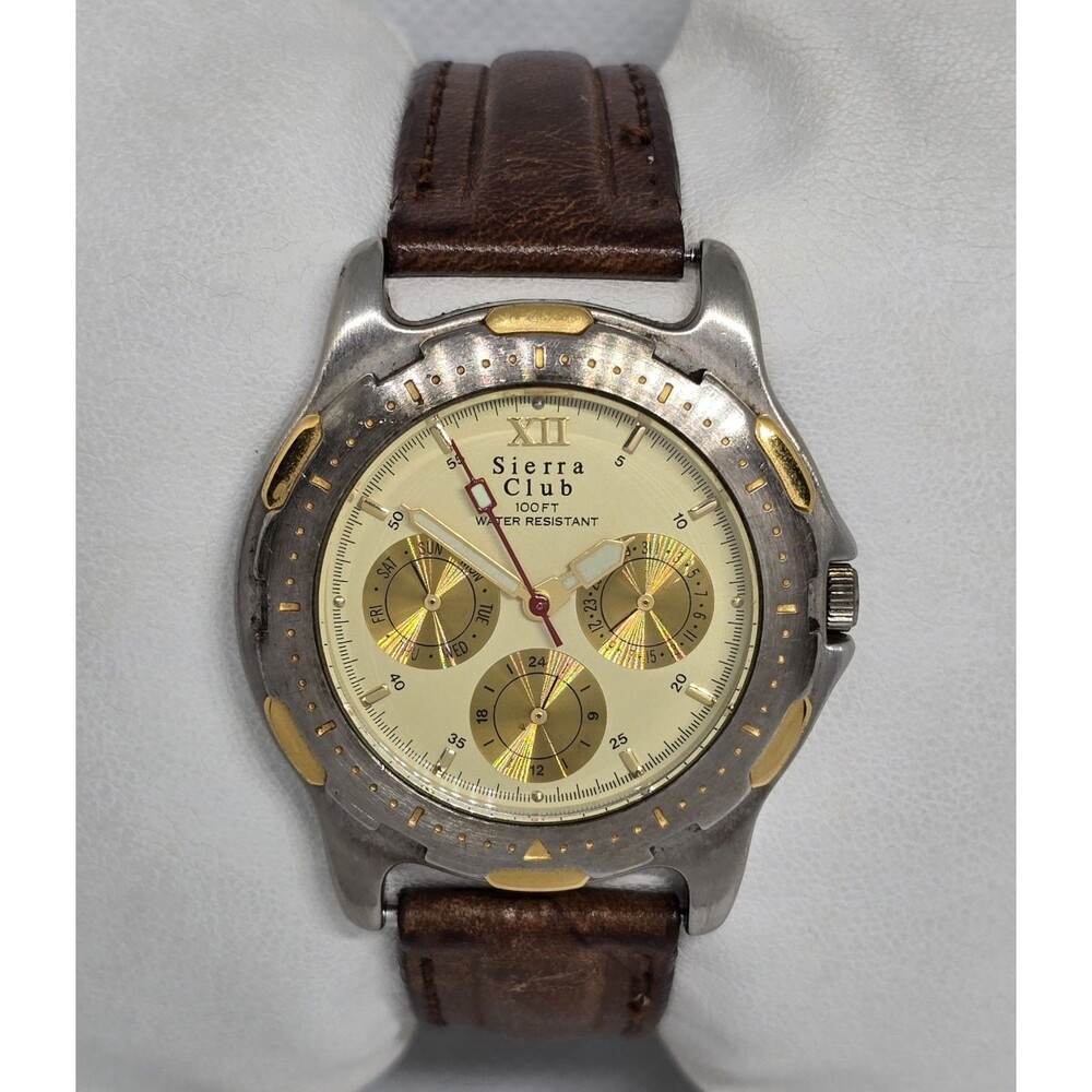 Men's Sierra Club Classic 3 Eye Silver Gold Tone Case Brown Strap Watch 13 - Picture 5 of 10